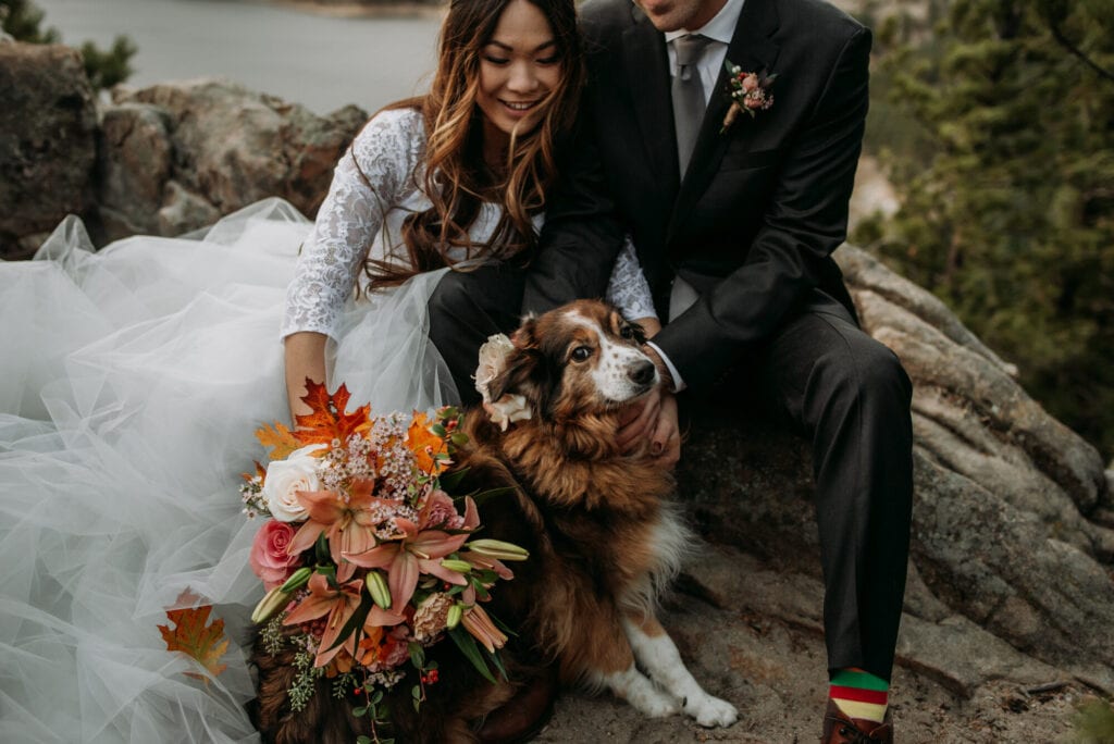 a bride and groom pose with their dog
