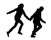 two people walking in the dark holding hands