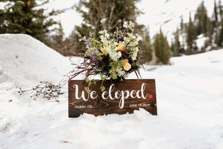 a wooden sign that says we eloped on it in the snow