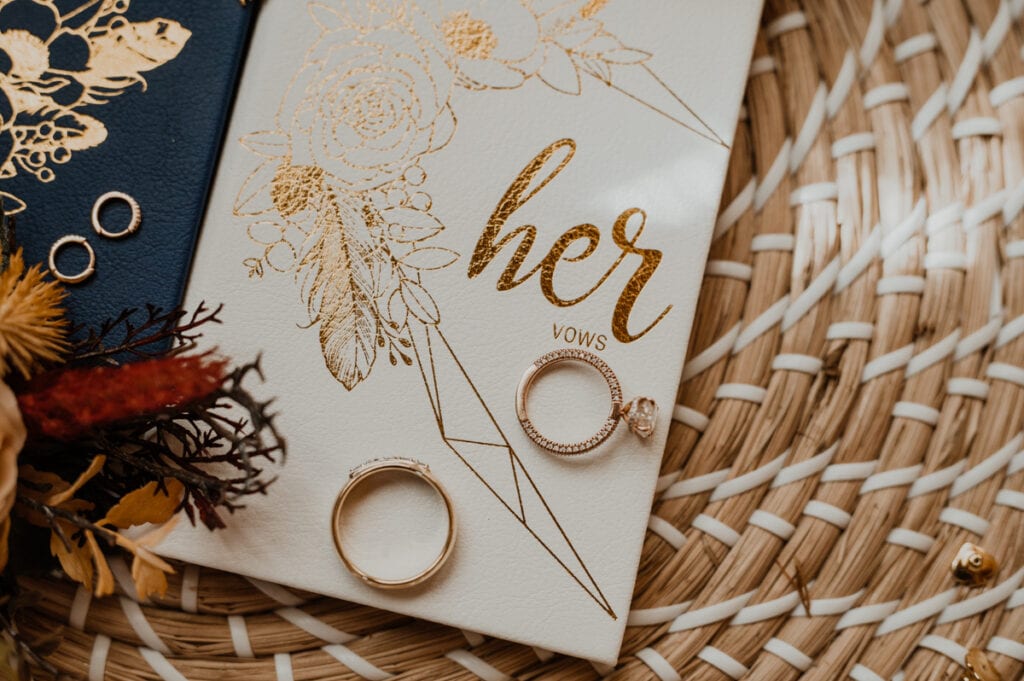 two wedding rings on top of a card