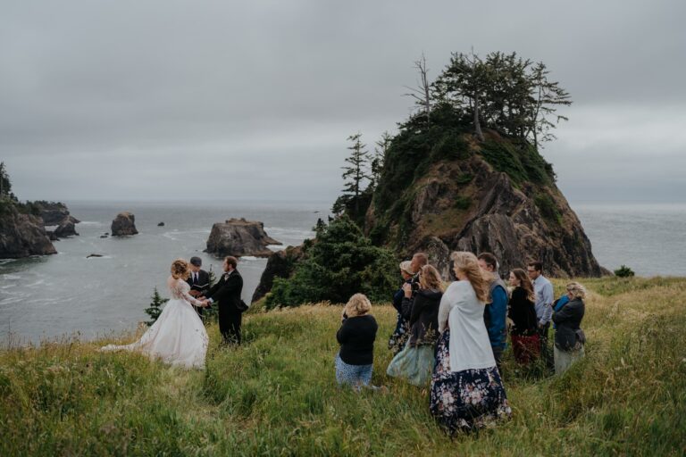 a group of people standing on top of a lush green hillside