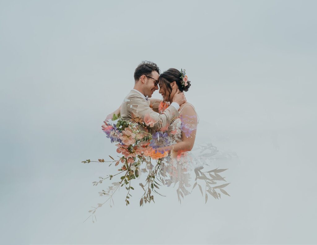 a bride and groom standing next to each other